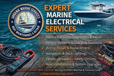 Advertisement for expert marine electrical services including diagnostics, repairs, and installations.