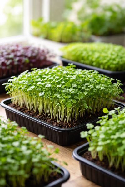 Fresh green microgreens growing in trays indoors.