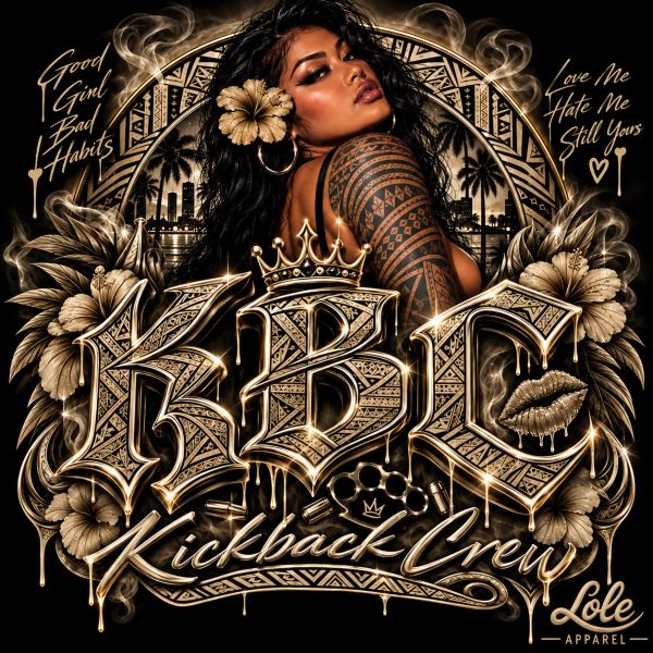 Tropical-themed graphic with a tattooed woman and "Kickback Crew" text.