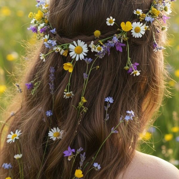 Natural floral crown and flowers woven into long brown hair outdoors.
