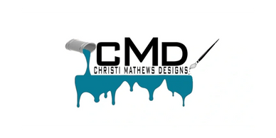 Christi Mathews Design Logo with initials CMD and a paint can with teal paint and a paintbrush
