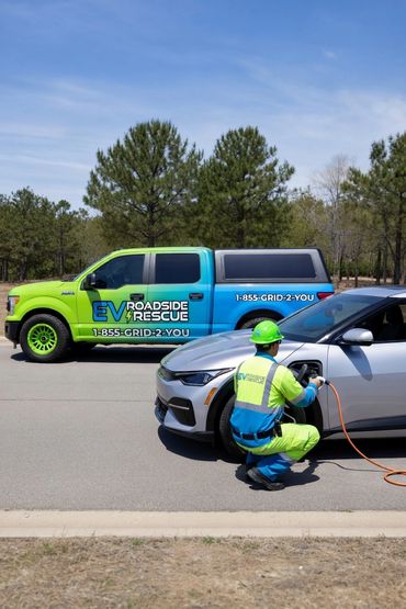 EV Roadside Rescue worker charging an electric vehicle on the roadside.