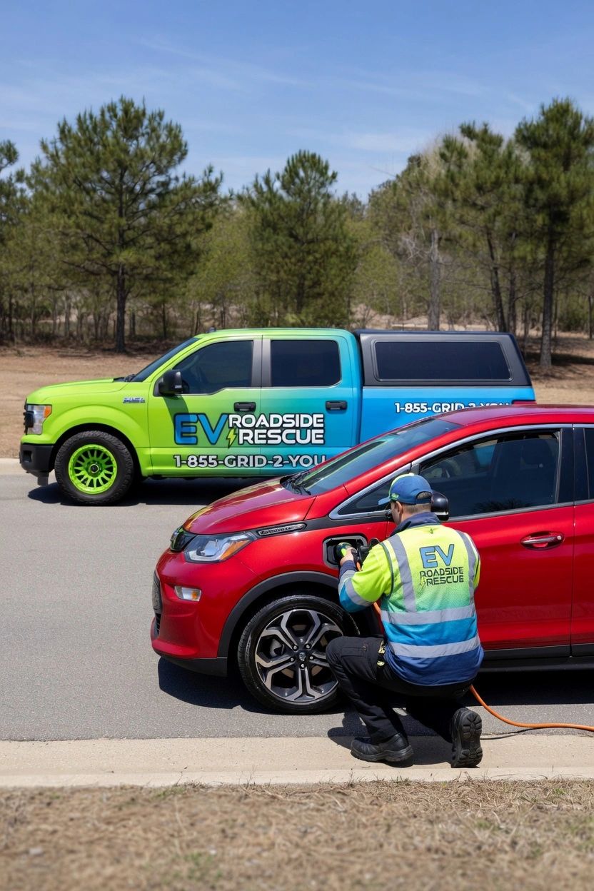 EV Roadside Rescue technician charging a red electric vehicle on the roadside.