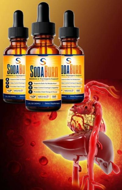 Bottles of SodaBurn supplement with human organs illustration.