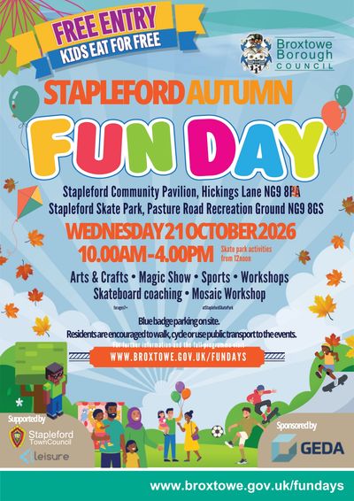 Stapleford Autumn Fun Day event poster with details and sponsors.