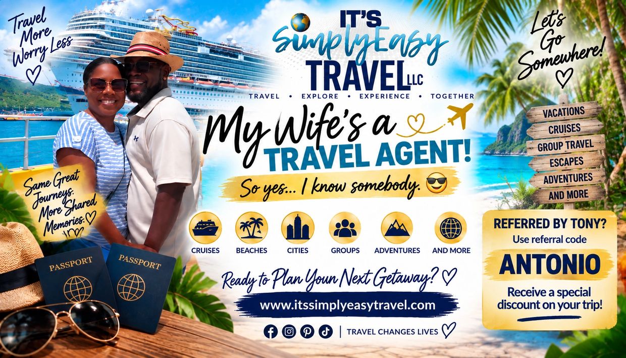 Travel ad featuring a couple and cruise ship promoting It's Simply Easy Travel LLC.