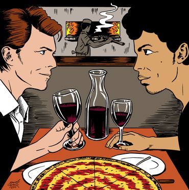 David Bowie and Prince sharing pizza and wine at an orange table with pizza oven behind
