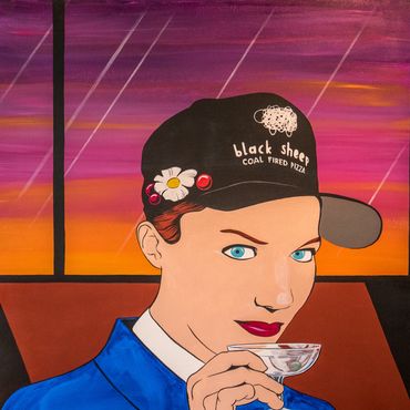 Mary Poppins sunset happy hour Black Sheep St. Paul cocktail baseball cap painting Jacob Stoltz