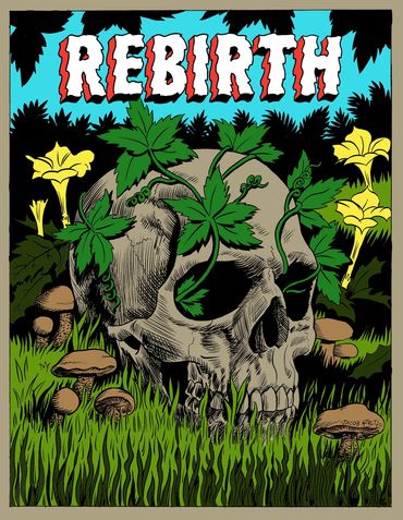 Human skull on ground with plants and fungi growing around it, with word Rebirth above