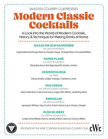 Wayzata Country Club Modern classic cocktails menu design by Jacob Stoltz, The Wine Company page 1