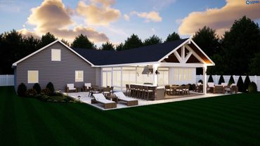 Modern backyard patio with seating, dining, and lounge areas under twilight sky.