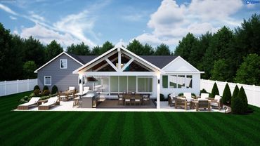 Modern backyard patio with dining, lounge areas, and a grill under a covered pergola.