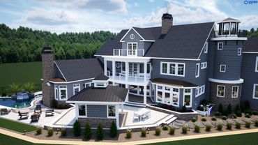 Modern large house with pool, patio, and lush landscaping under a blue sky.