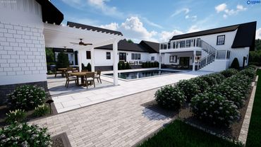 Modern backyard with pool, pergola, and seating areas surrounded by lush greenery.