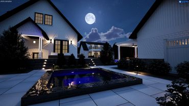 Night view of a modern backyard with a small pool and illuminated houses under a full moon.