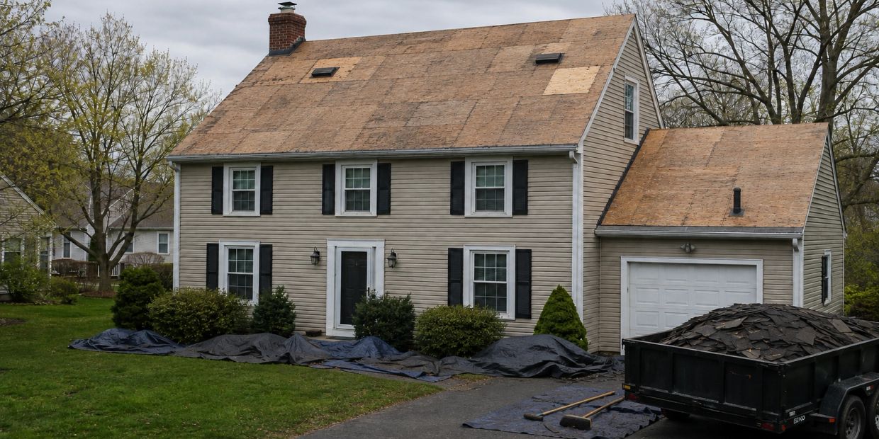 House undergoing roof replacement with debris in trailer.