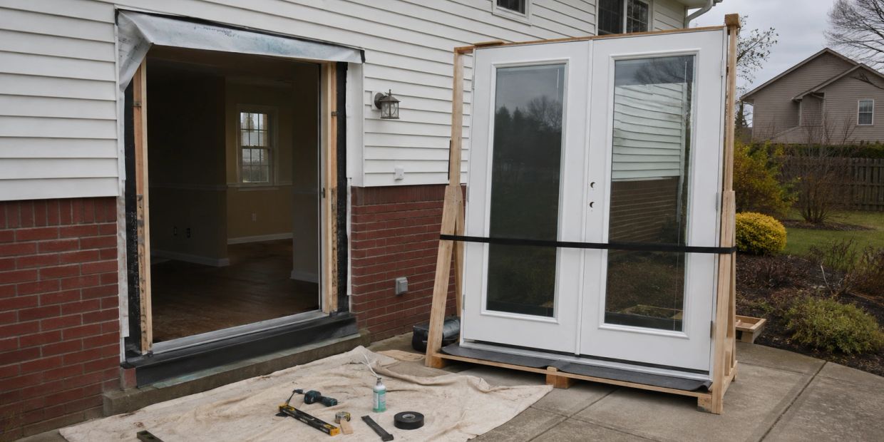 New glass doors ready for installation at house.