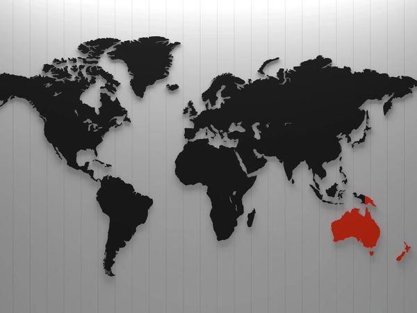 World Map featuring Australia and New Zealand