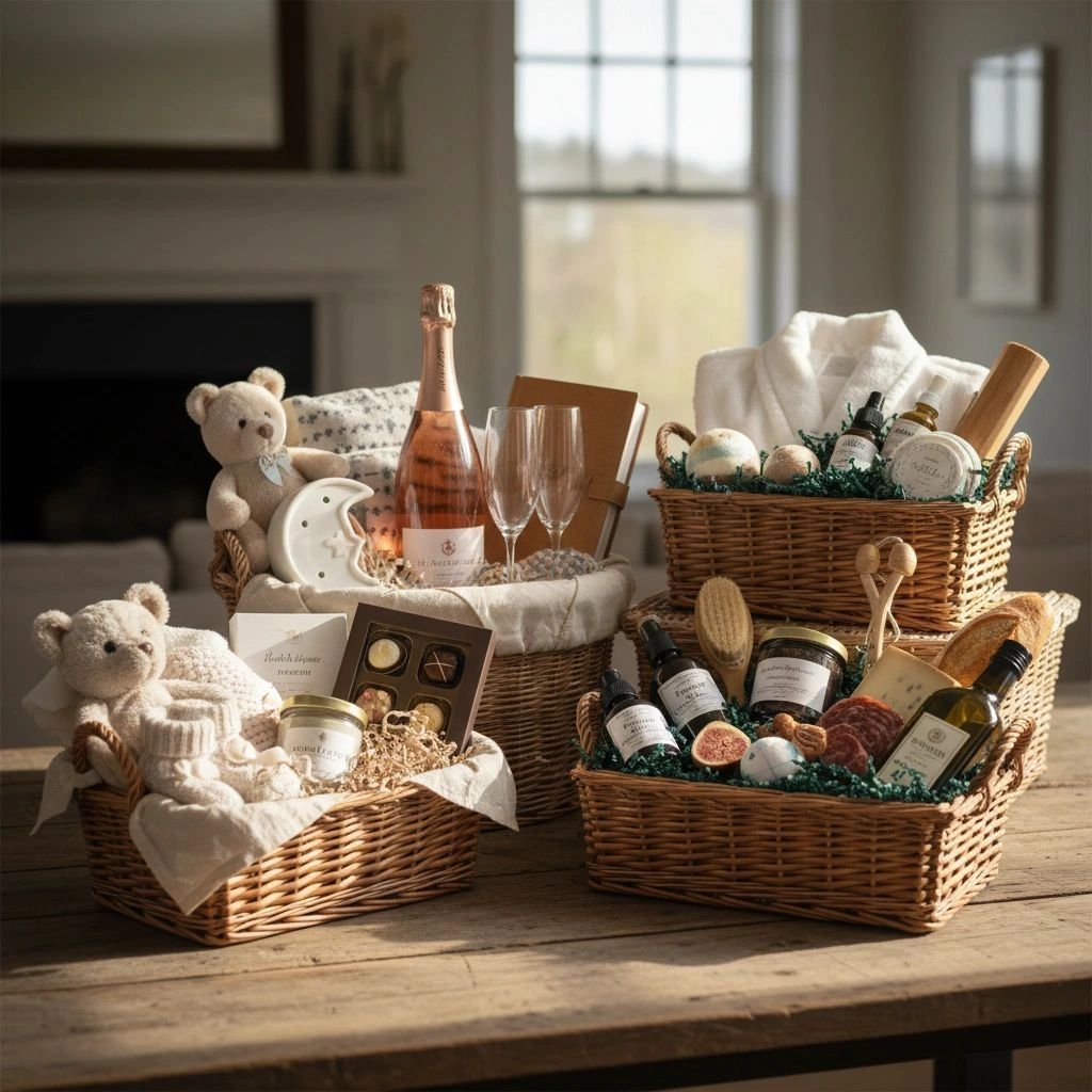 Four wicker gift baskets with cozy and gourmet items on a wooden table.