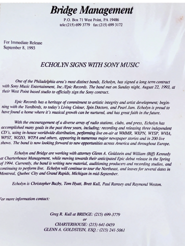 Press Release announcing Echolyn's deal with SONY Music.