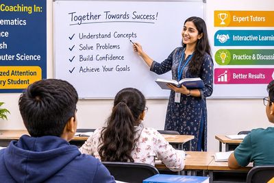 Teacher explaining success tips to attentive students in a classroom.