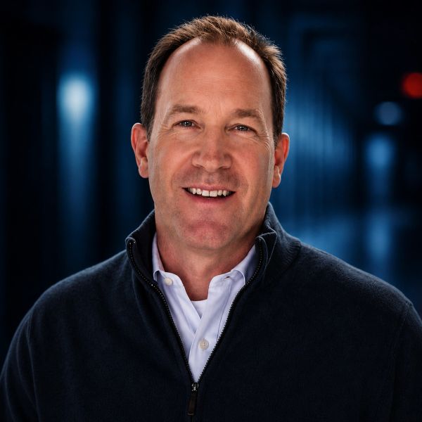 Smiling man in a dark jacket with a light shirt under soft lighting.