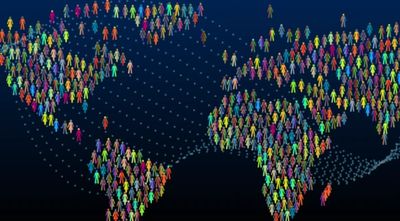 Colorful human icons forming a world map.