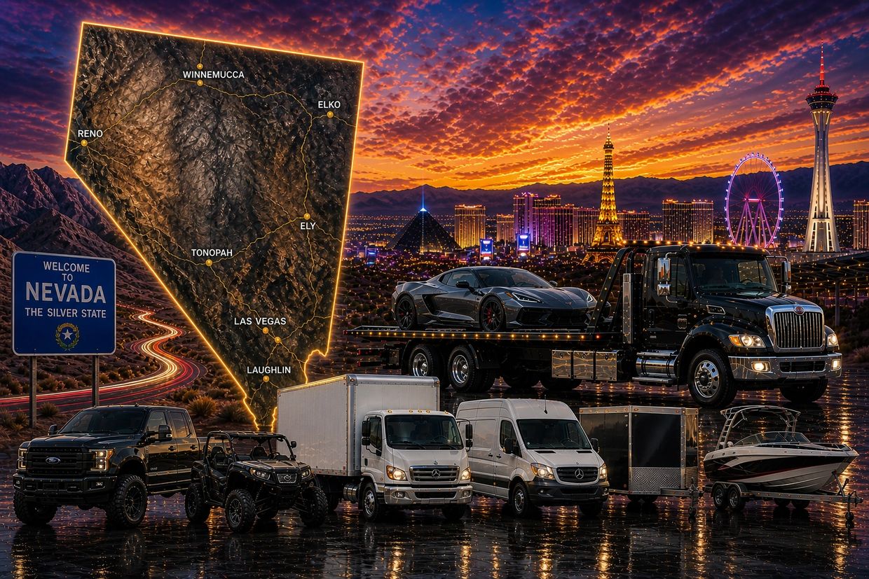Nevada-themed scene with vehicles and a sunset-lit Las Vegas skyline.