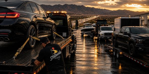 A man secures a black car on a tow truck at sunset with other vehicles in the background.
