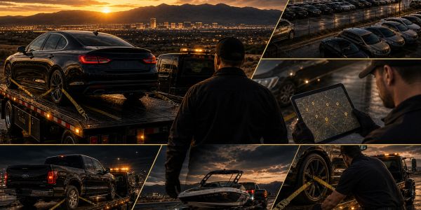 A man oversees towing luxury vehicles and a boat at sunset.