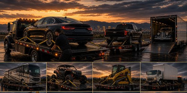 Various vehicles loaded on flatbed trucks at sunset with a dramatic sky.