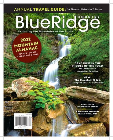 Cover of Blue Ridge Country magazine featuring a scenic waterfall in the mountains.