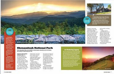 Scenic view of Shenandoah National Park at sunset with lush mountains and a stone wall.
