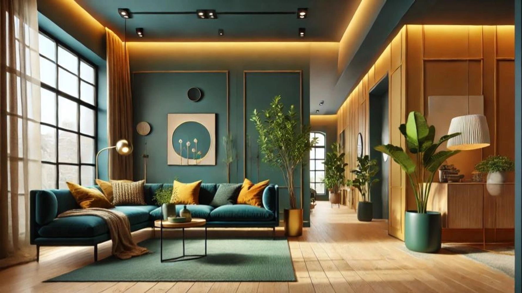 Modern living room with teal and mustard decor, large windows, and abundant greenery.