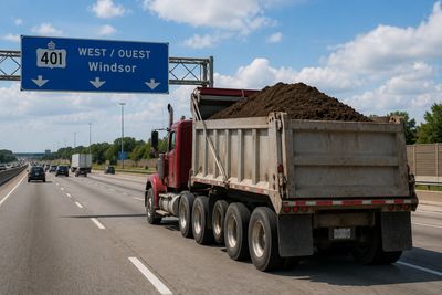 A dump truck carrying soil on a highway with a Windsor sign.