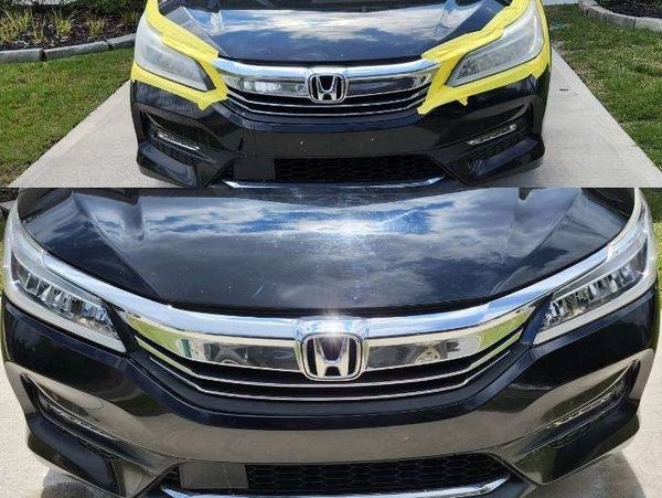 Front view of a black Honda car with taped headlights in the top image and clean headlights in the bottom image.