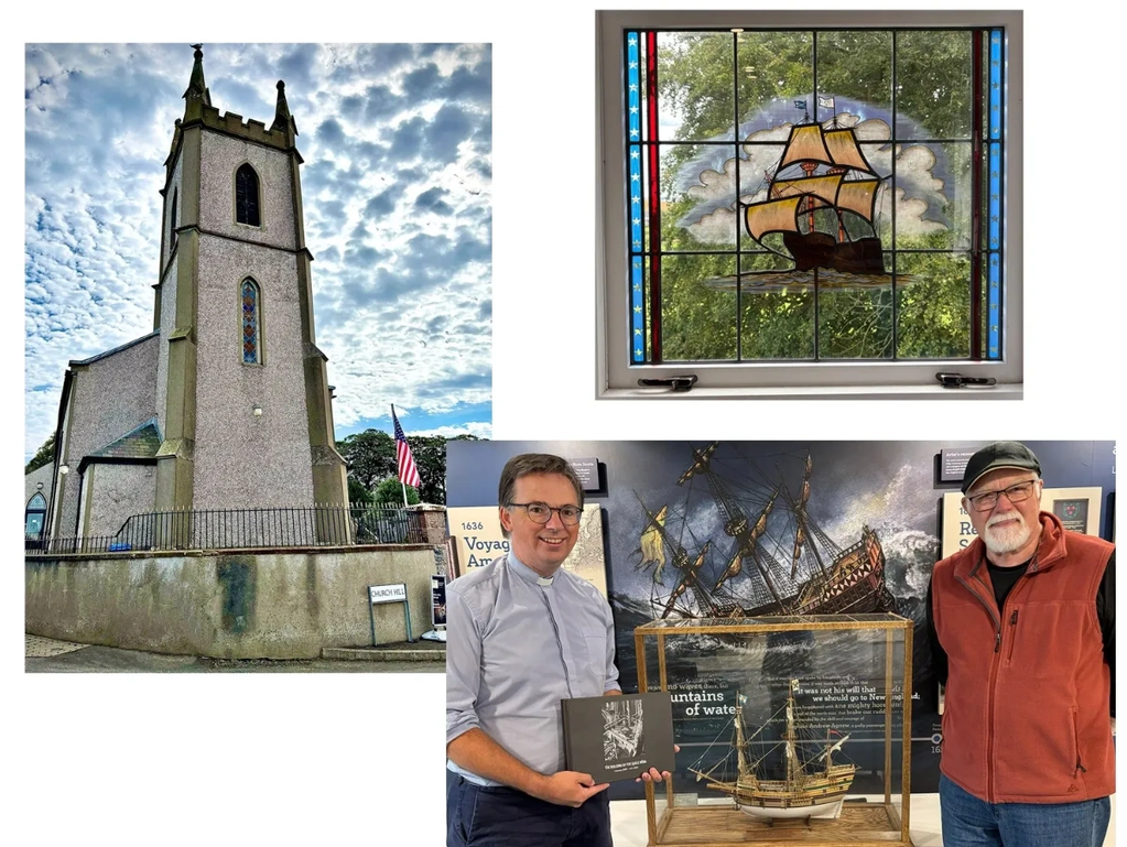 Church exterior, stained glass window with ship, two men with model ship and book.