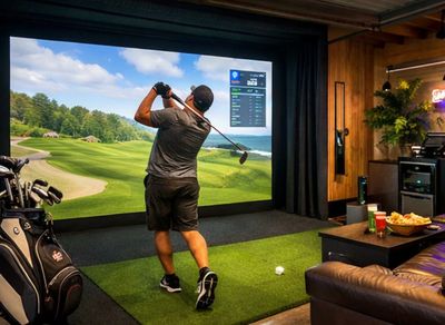 Man playing golf on an indoor golf simulator in a cozy room.
