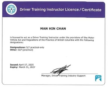 Driver Training Instructor Licence for Man Hin Chan issued by ICBC