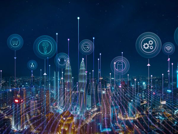 Big city digital skyline, shows the potential for automation in both commercial and residential spac