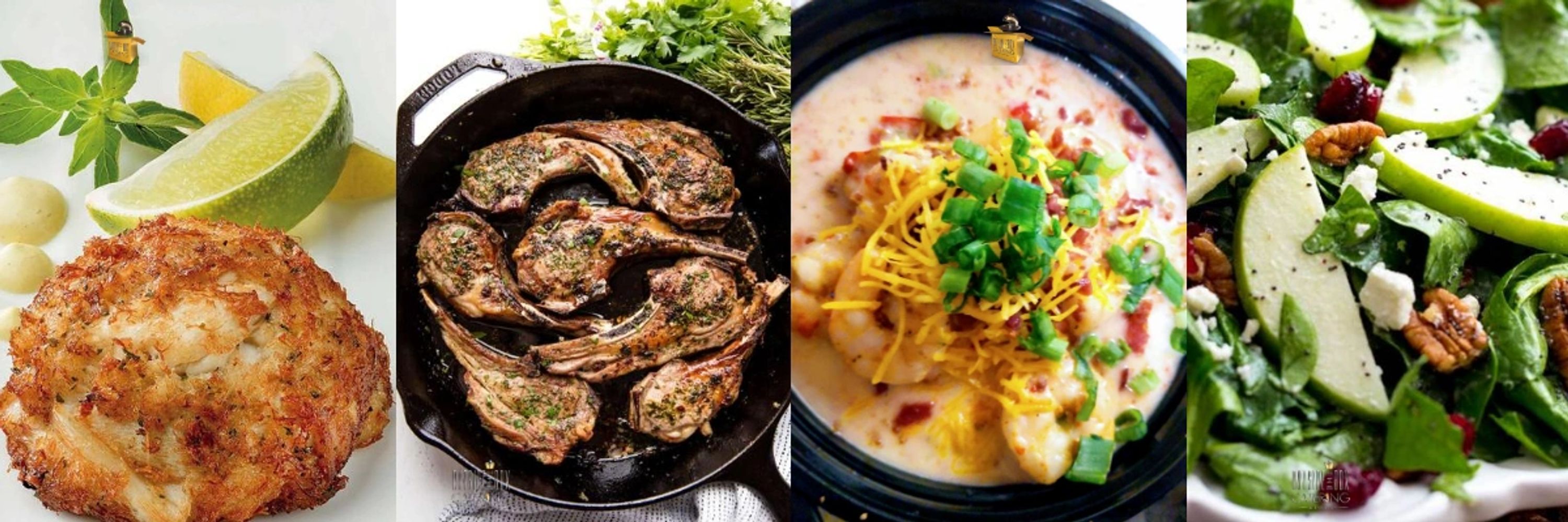 Crab cakes, lamb chops, shrimp and grits, baby spinach and apple pecan salad