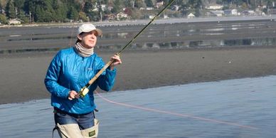 Molly Semenik practices her spey casting in Blaine Washington.  Molly Semenik tests spey lines for B