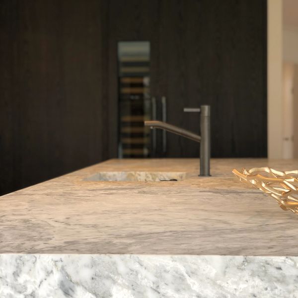 Kitchen Design with beautiful stone, Fantini Tapware, SubZero Fridges, Bespoke Cabinetry