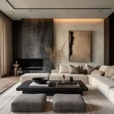 Modern living room with neutral tones and minimalist design.