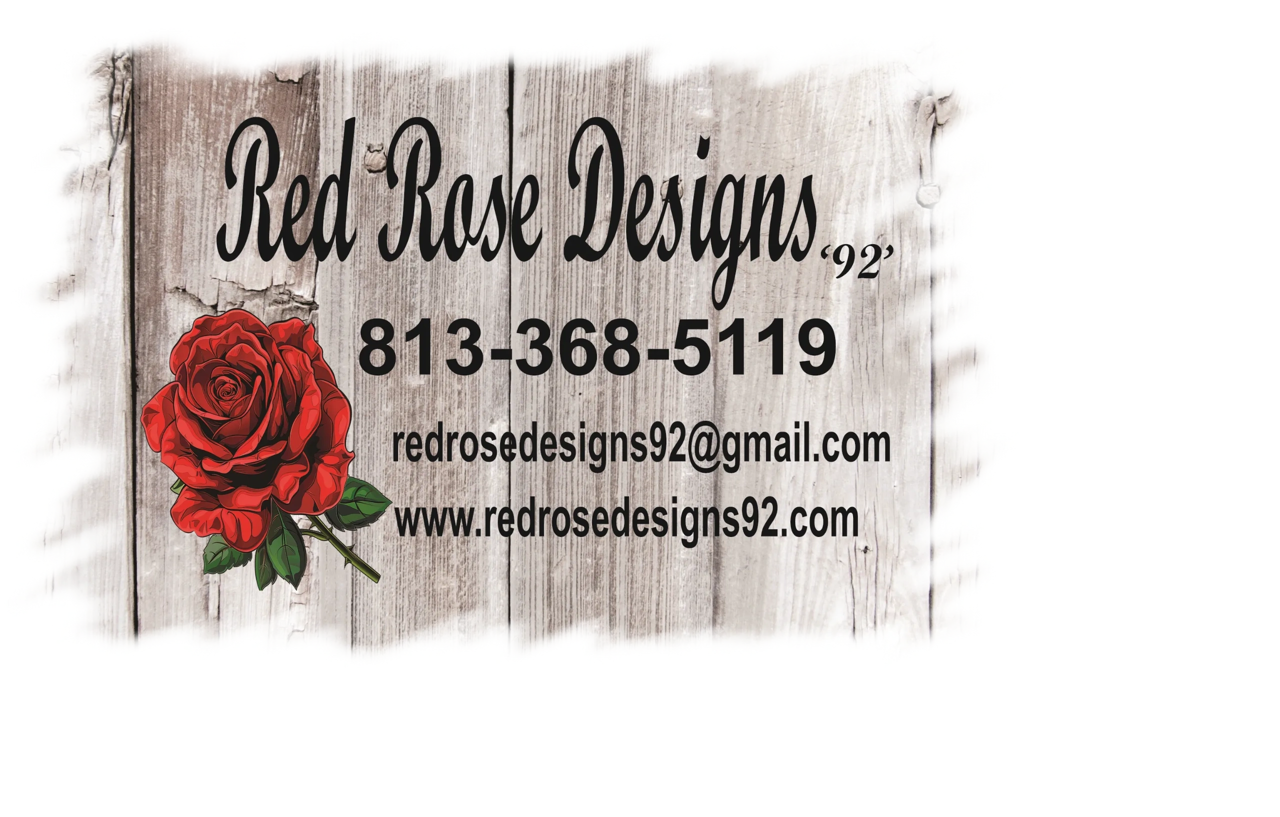 Business card for Red Rose Designs with contact details and a red rose graphic.