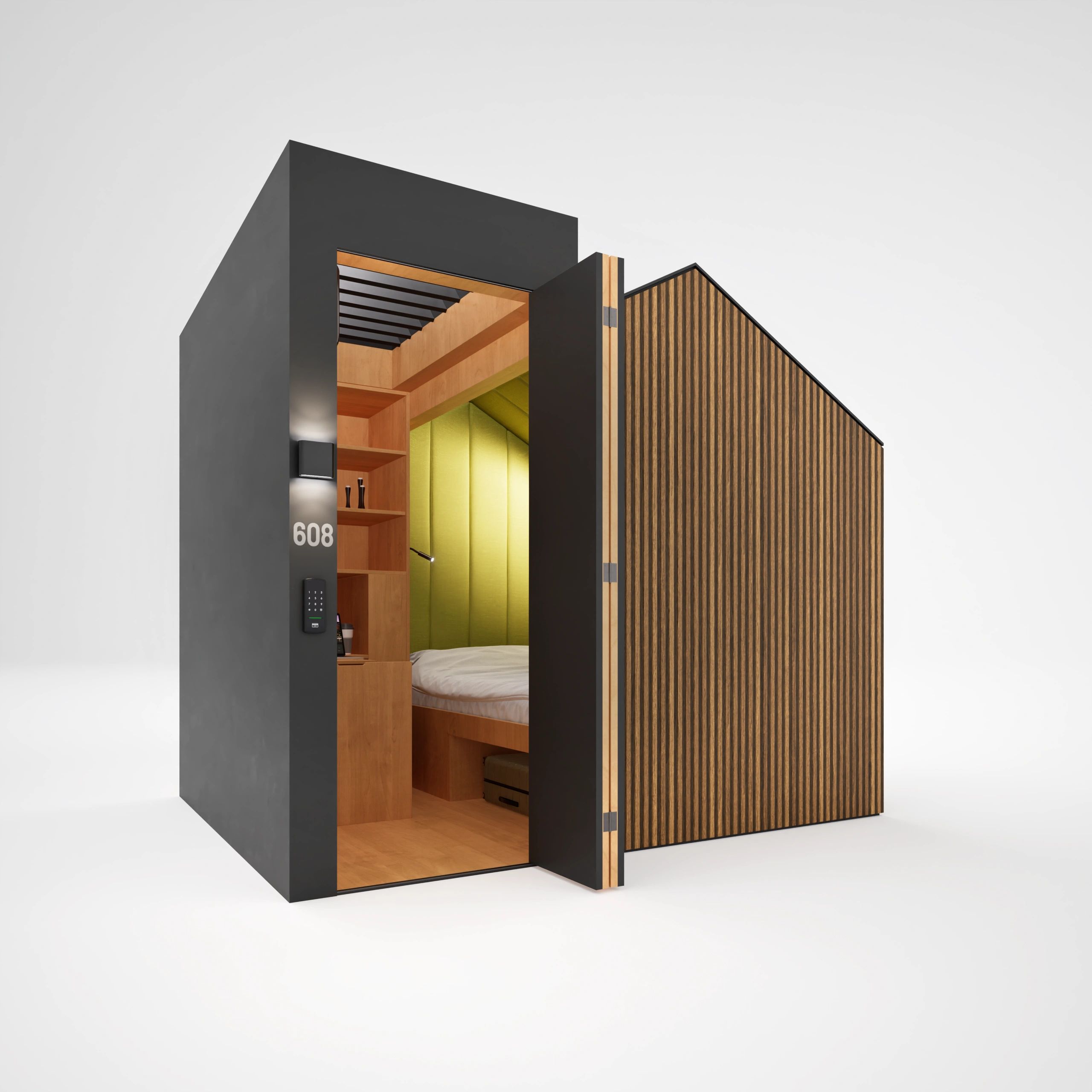 A modern, compact sleeping pod with wooden interior and green padded walls.