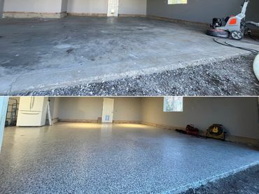 Before and after photos of a garage floor refinishing project.