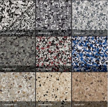Nine samples of decorative epoxy flakes in various colors and patterns.