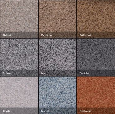 Nine granite countertop samples with distinct colors and names.