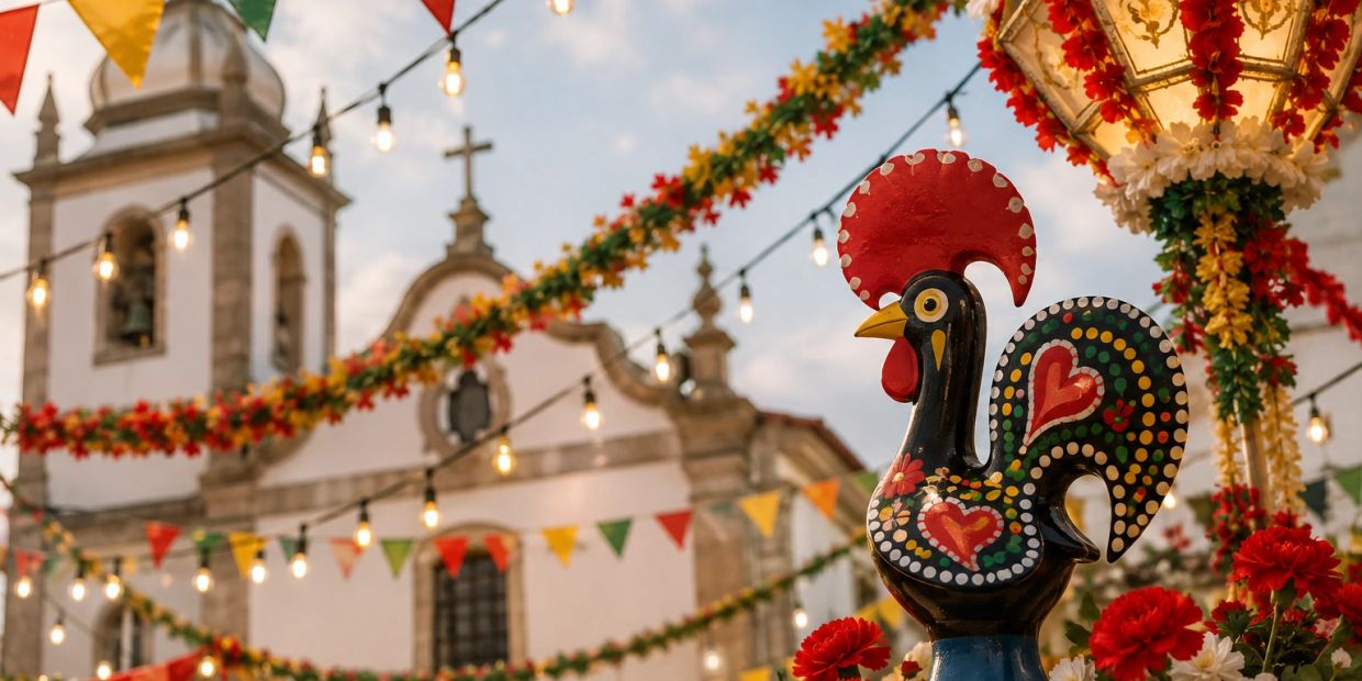 Colorful rooster statue with festive decorations and church in background.